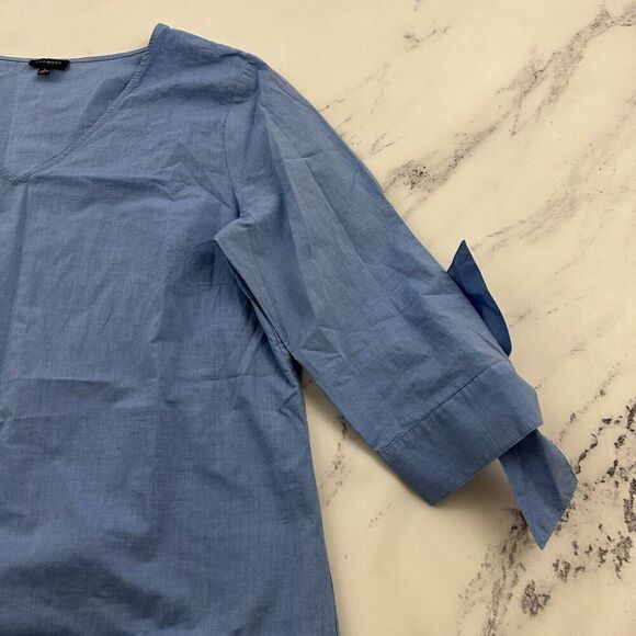 Talbots Embroidered Trim Tunic Top Size L Blue White Tie 3/4 Sleeve Blouse - Picture 3 of 12